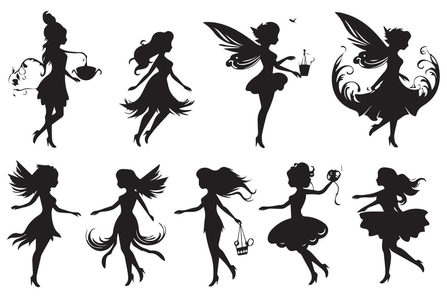 conjunto de siluetas mágico hadas en el dibujos animados estilo gratis diseño vector