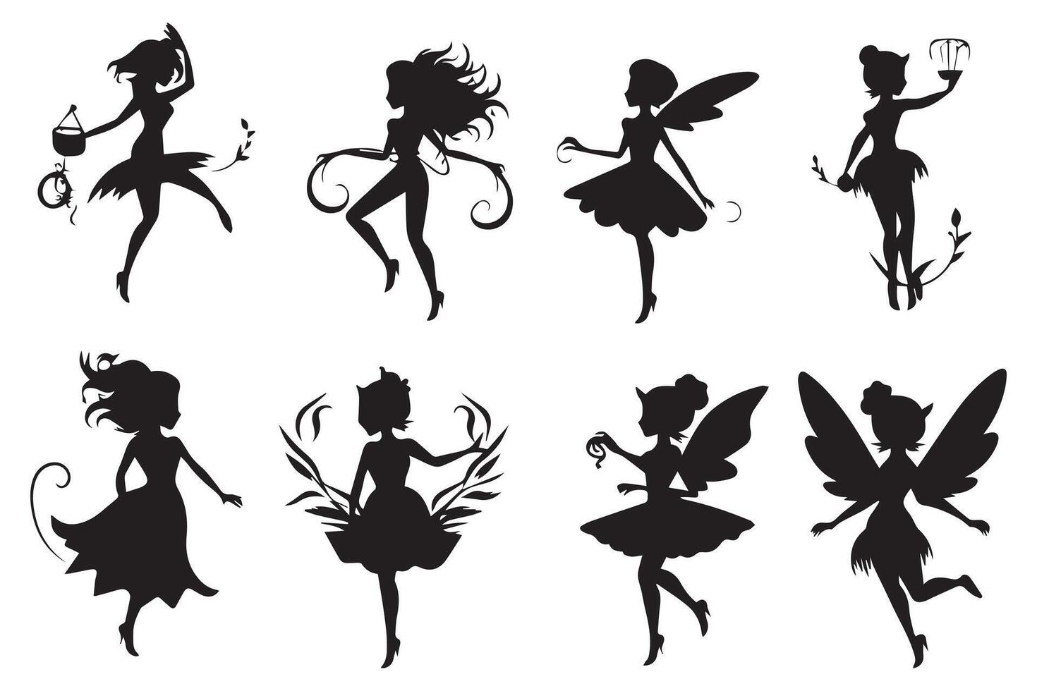 Set of silhouettes of fairies isolated on white background. Magical fairies in the cartoon style free design vector