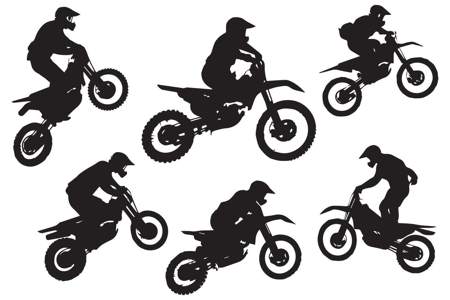 Set silhouette of motorcycle rider performing trick on white background pro design vector