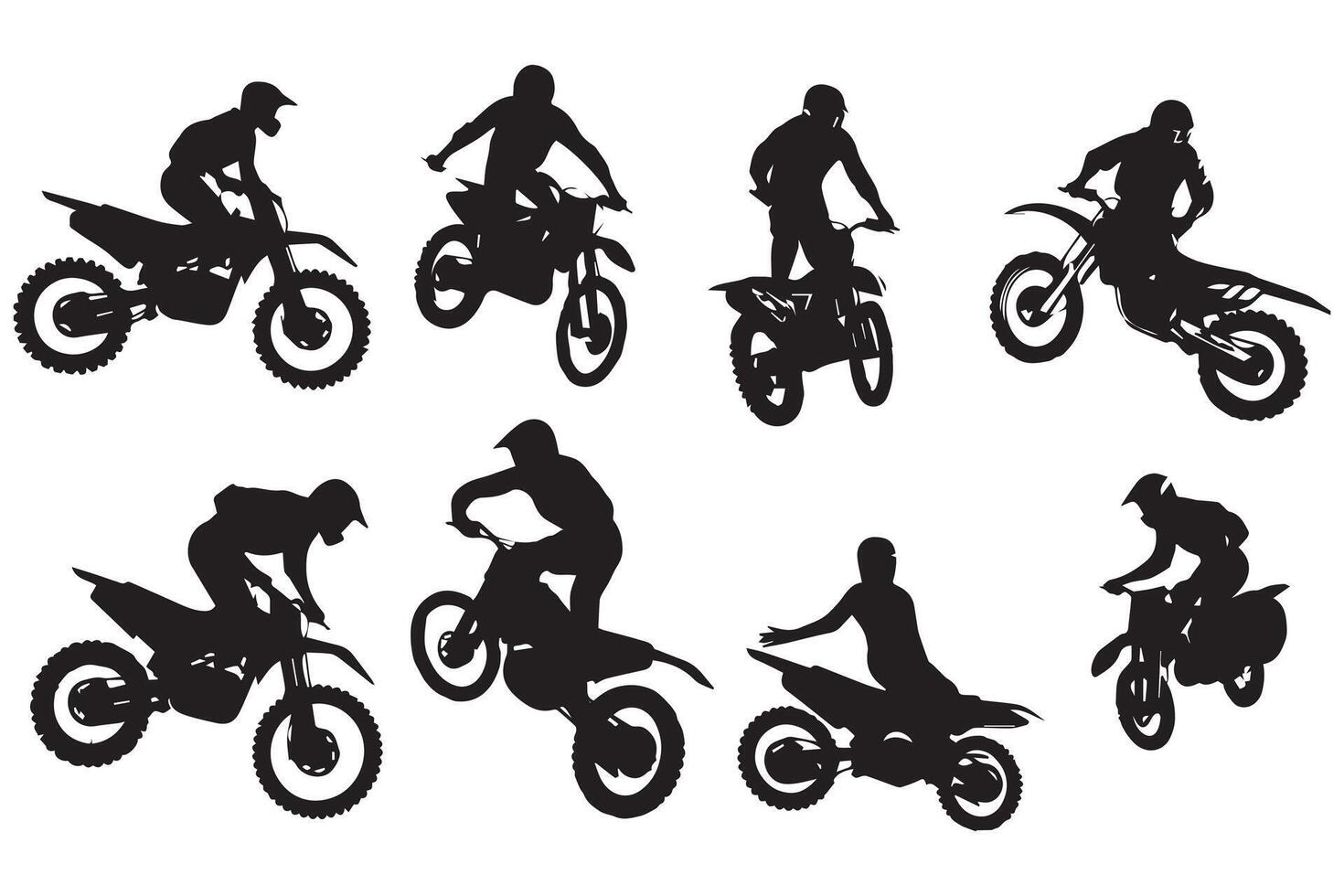 Set silhouette of motorcycle rider performing trick on white background pro design vector