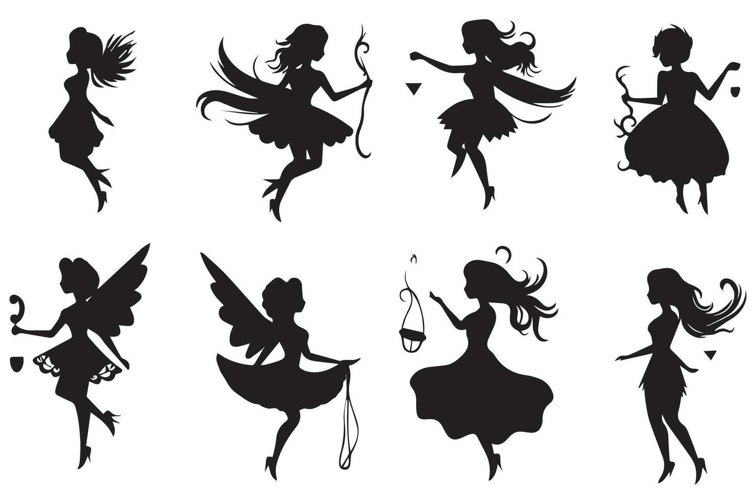 Set of silhouettes of fairies isolated on white background. Magical fairies in the cartoon style free design vector
