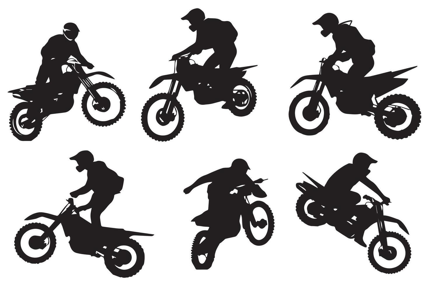 Motocross racing, motocross racer jumping on a motorcycle, isolated silhouette, front view. Ink drawing, freestyle motocross pro design vector