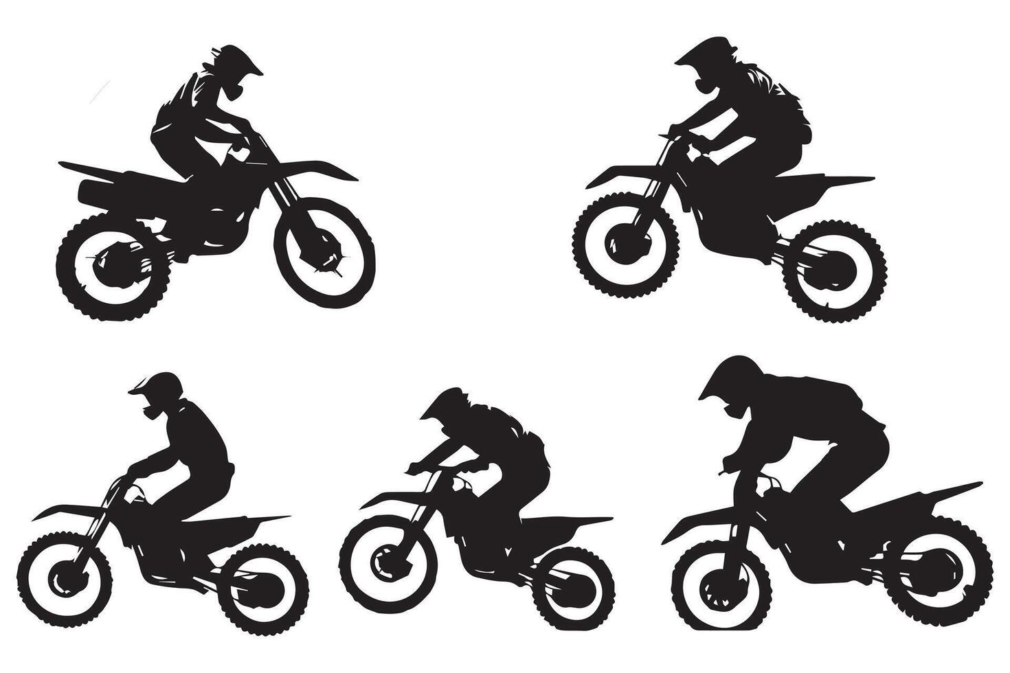 conjunto silueta de motocicleta jinete ejecutando truco en blanco antecedentes Pro diseño vector