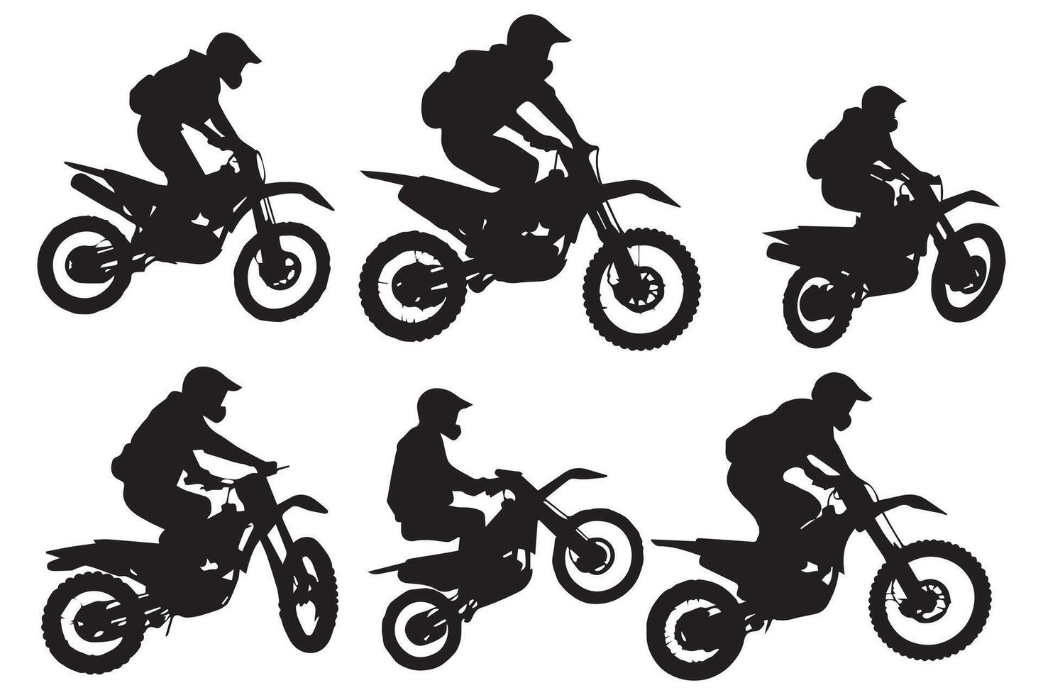 Motocross racing, motocross racer jumping on a motorcycle, isolated silhouette, front view. Ink drawing, freestyle motocross pro design vector