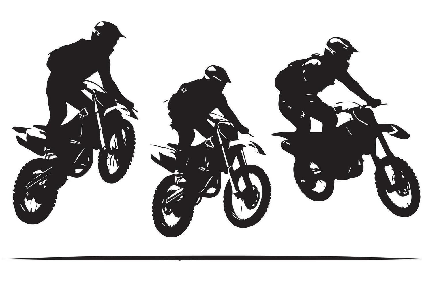 Motocross racing, motocross racer jumping on a motorcycle, isolated silhouette, front view. Ink drawing, freestyle motocross pro design vector