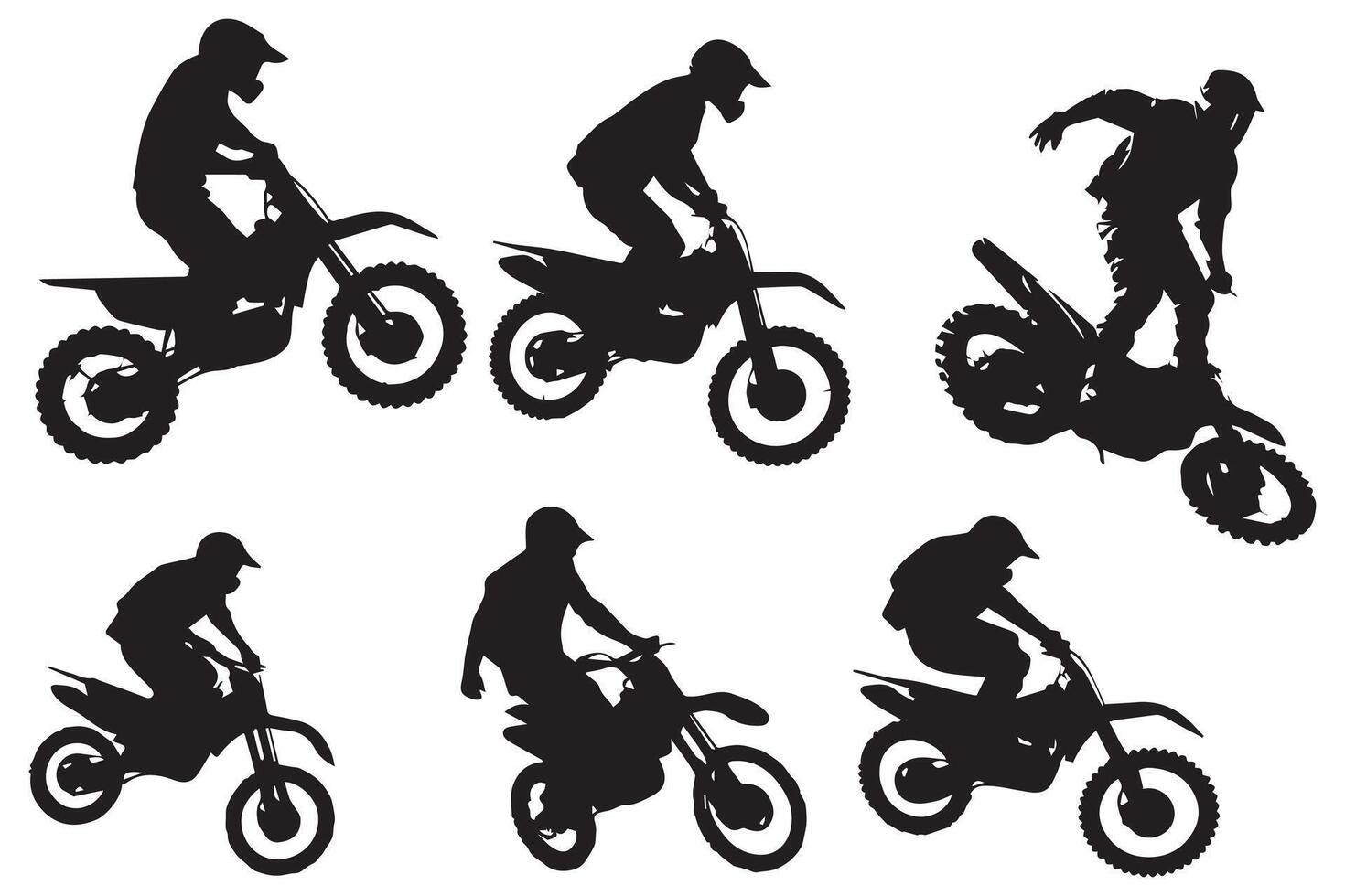 Motocross racing, motocross racer jumping on a motorcycle, isolated silhouette, front view. Ink drawing, freestyle motocross pro design vector