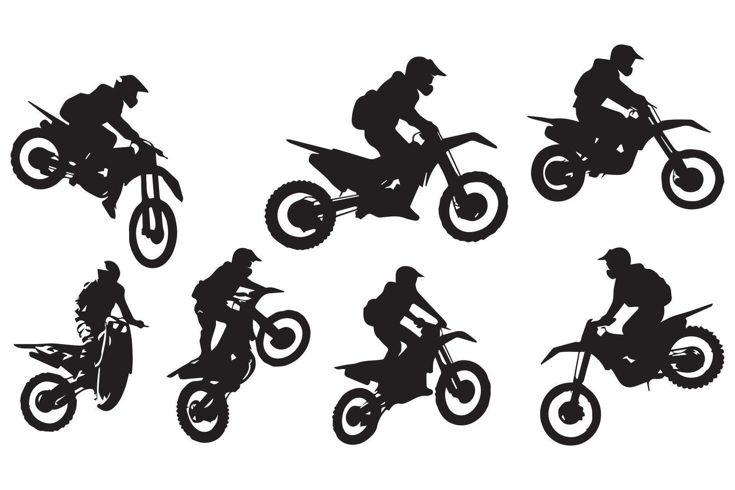 Motocross racing, motocross racer jumping on a motorcycle, isolated silhouette, front view. Ink drawing, freestyle motocross pro design vector
