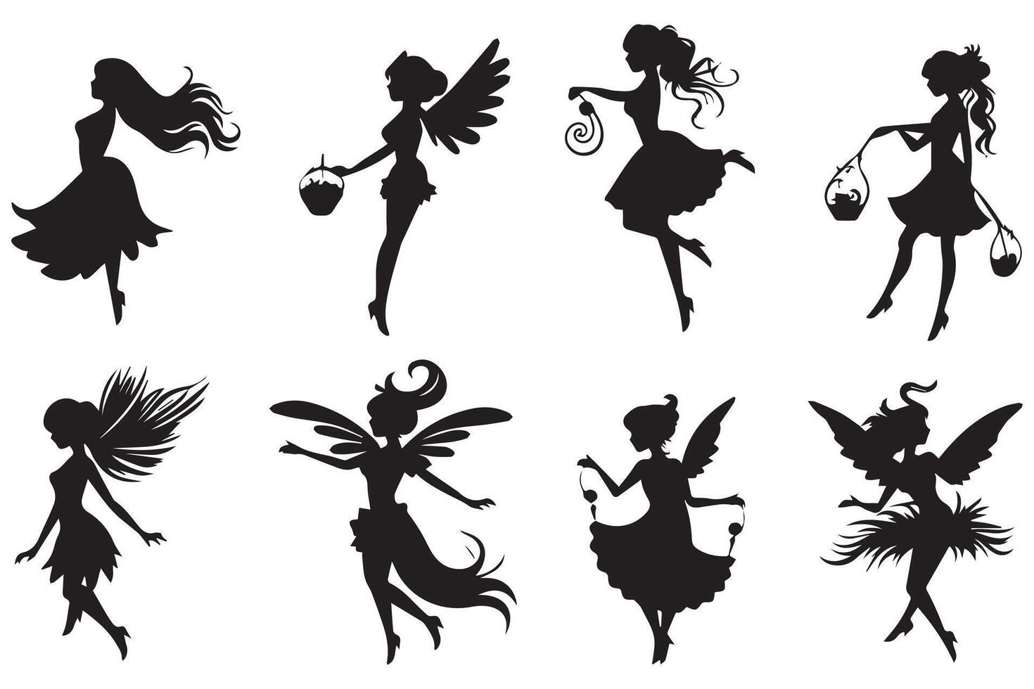 Set of silhouettes of fairies isolated on white background. Magical fairies in the cartoon style free design vector