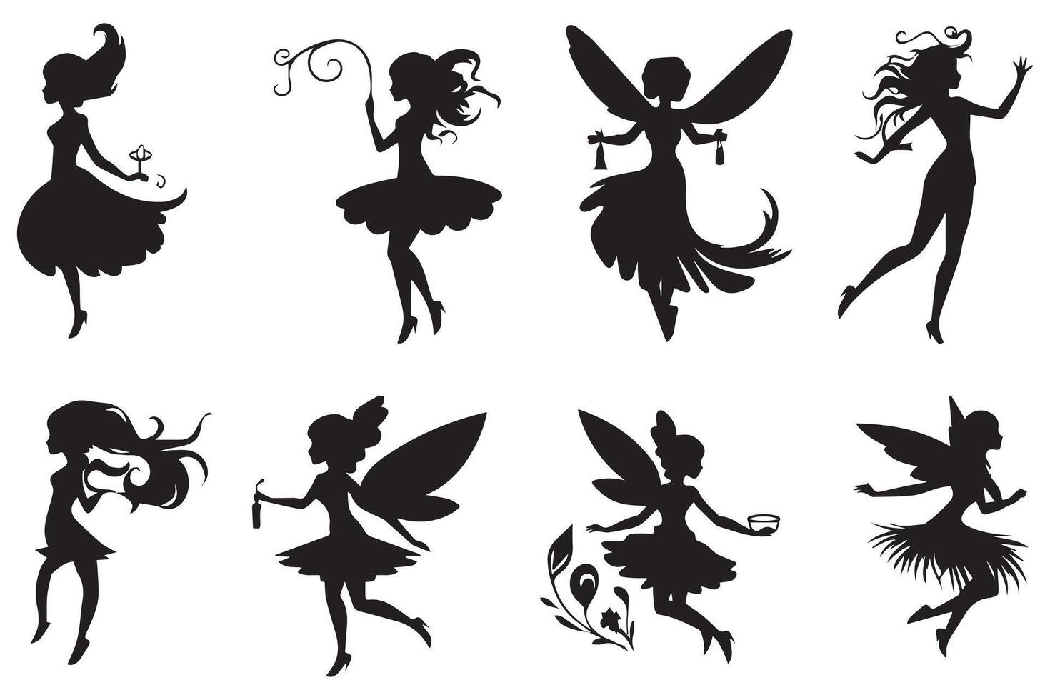 Set of silhouettes Magical fairies in the cartoon style free design vector