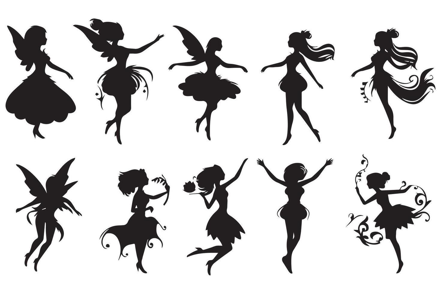 Set of silhouettes Magical fairies in the cartoon style free design vector