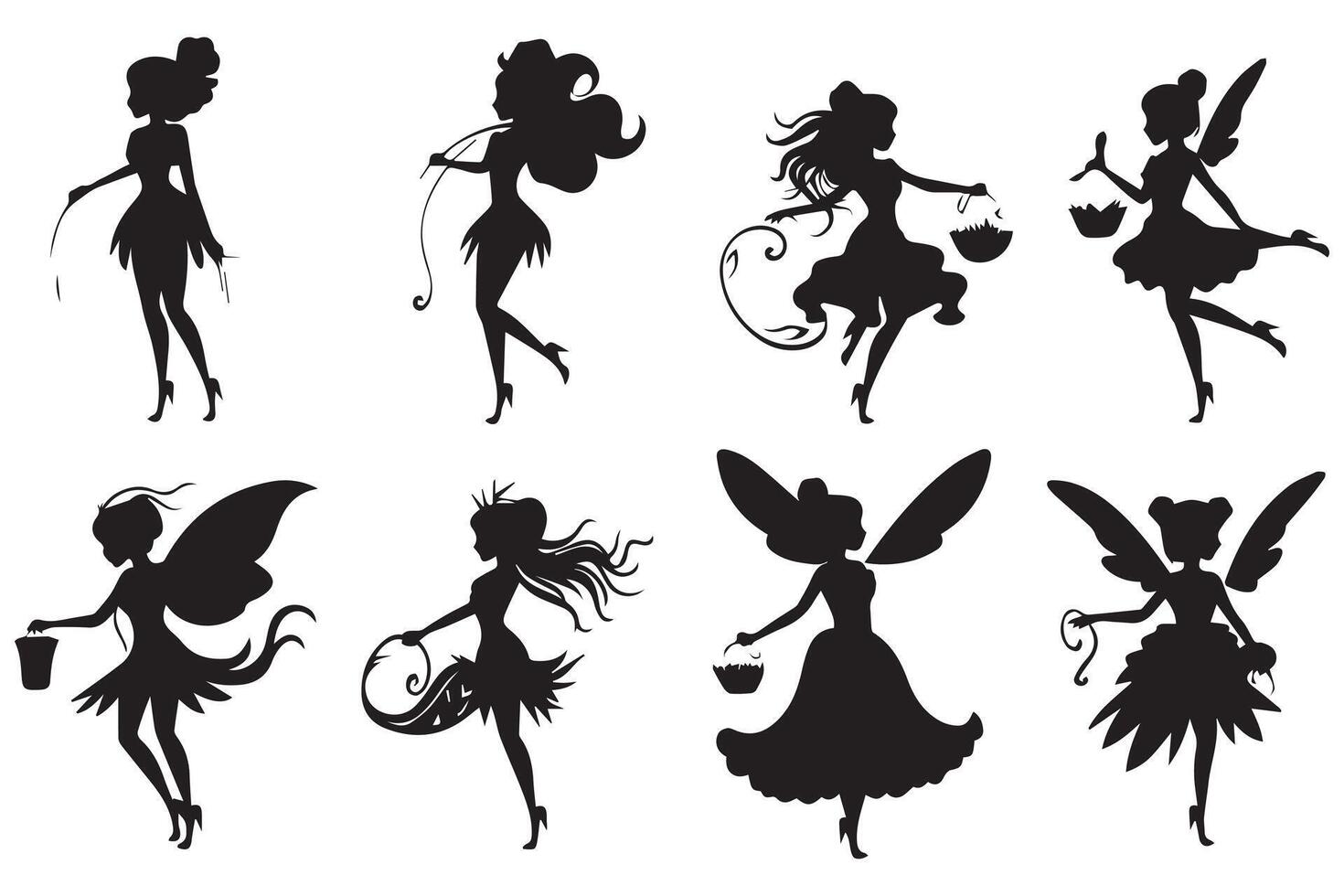 Set of silhouettes Magical fairies in the cartoon style free design vector
