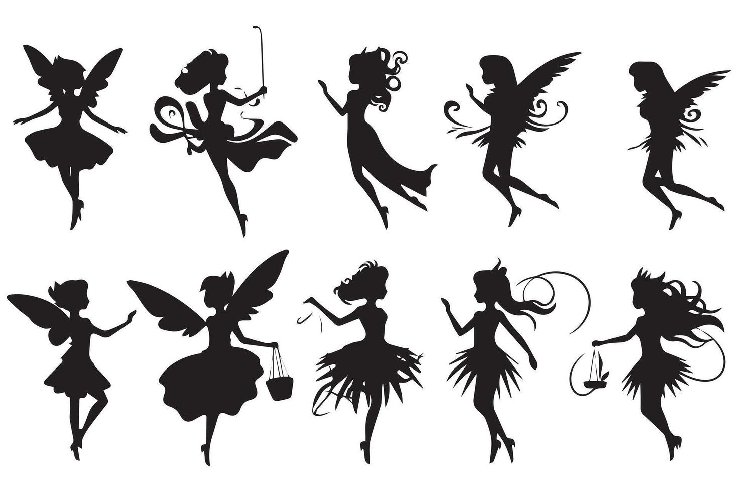 Set of silhouettes Magical fairies in the cartoon style free design vector