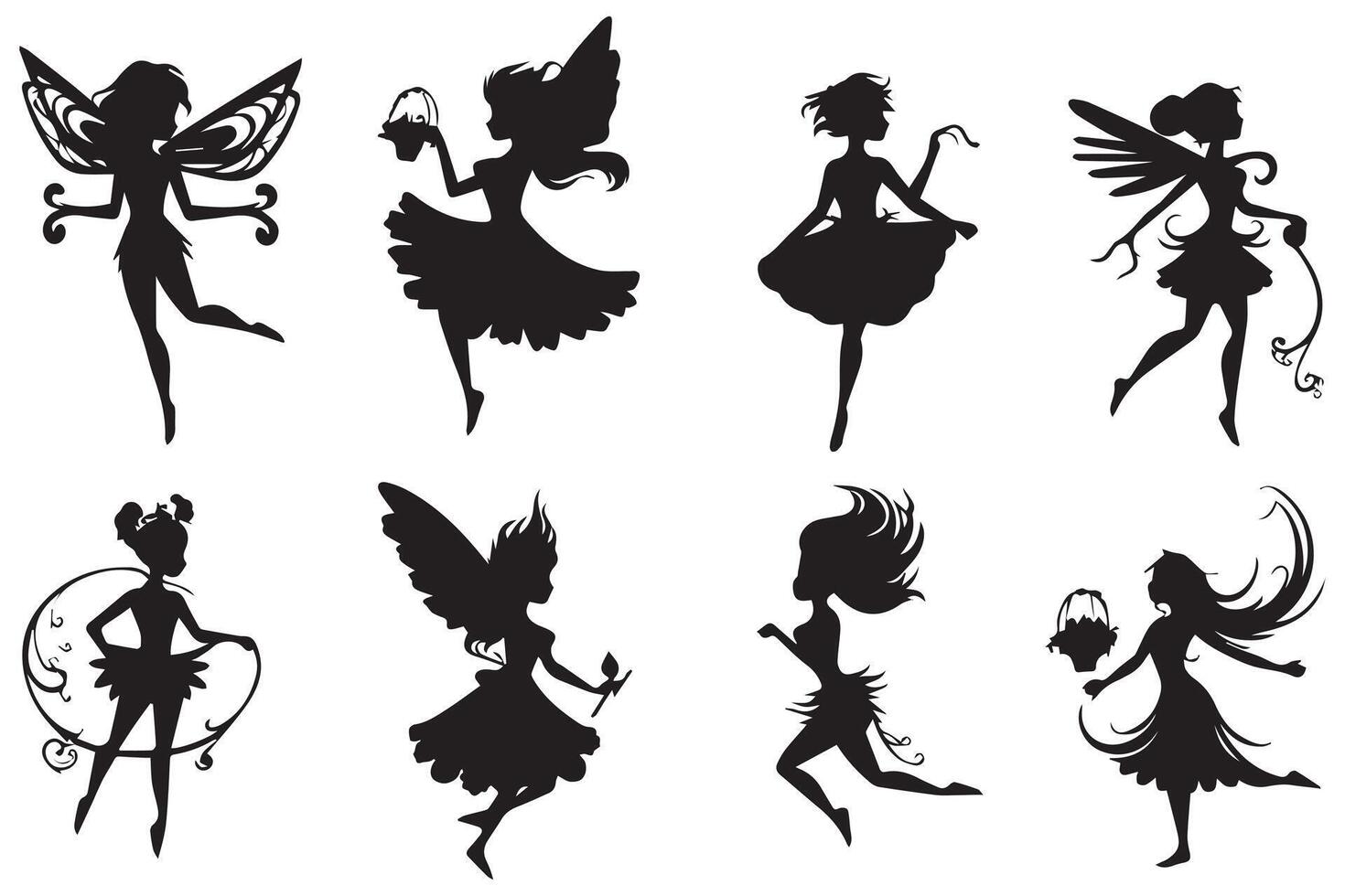 Set of silhouettes of fairies isolated on white background. Magical fairies in the cartoon style free design vector