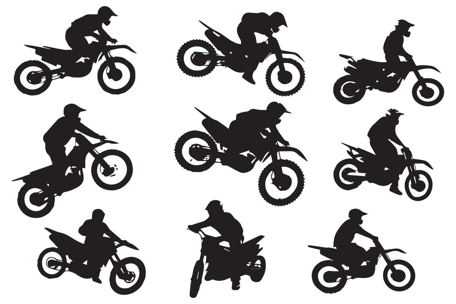 silueta de un motorista haciendo estilo libre trucos en su motocicleta silueta conjunto gratis diseño vector