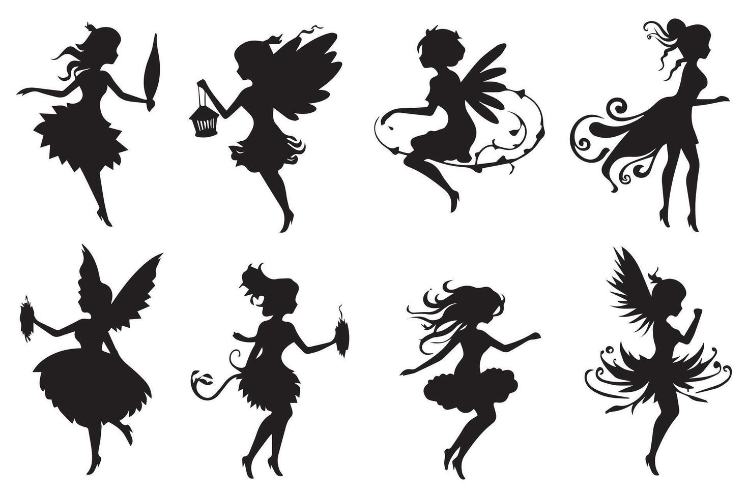 Set of silhouettes of fairies isolated on white background. Magical fairies in the cartoon style free design vector