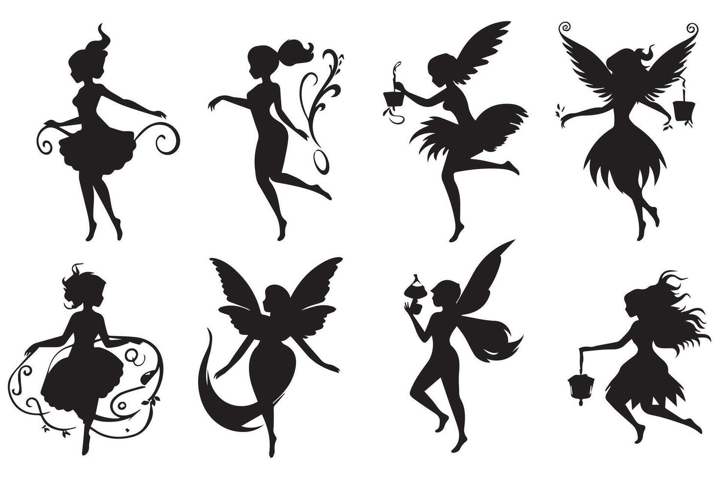 Set of silhouettes of fairies isolated on white background. Magical fairies in the cartoon style free design vector