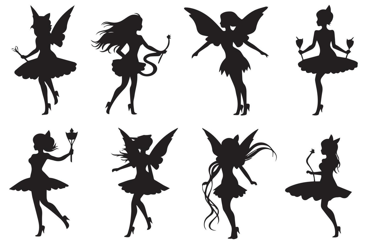 Set of silhouettes of fairies isolated on white background. Magical fairies in the cartoon style free design vector