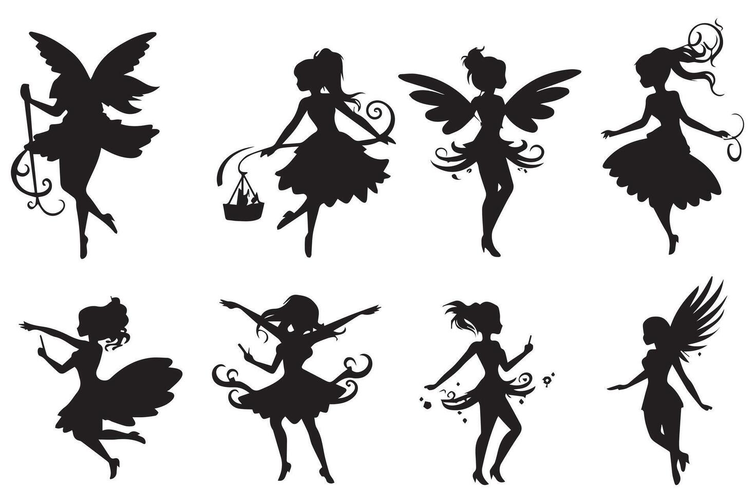 Set of silhouettes Magical fairies in the cartoon style free design vector