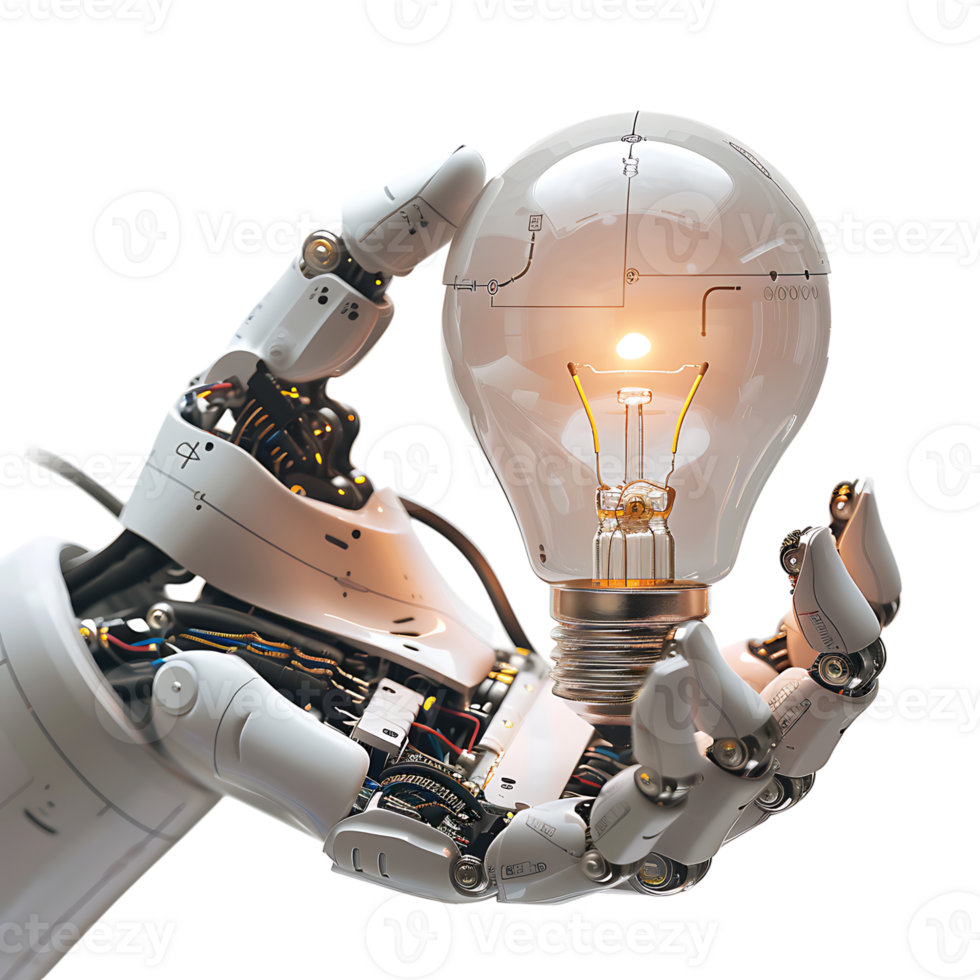 Ai robot hand holding lightbulb on isolated transparent background png