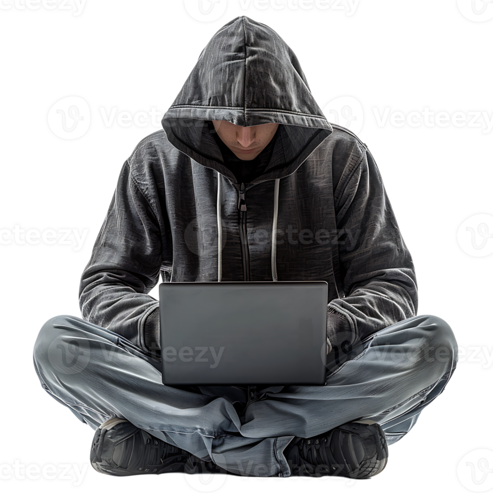 Hacker or a man in hoodie using laptop on isolated transparent background png