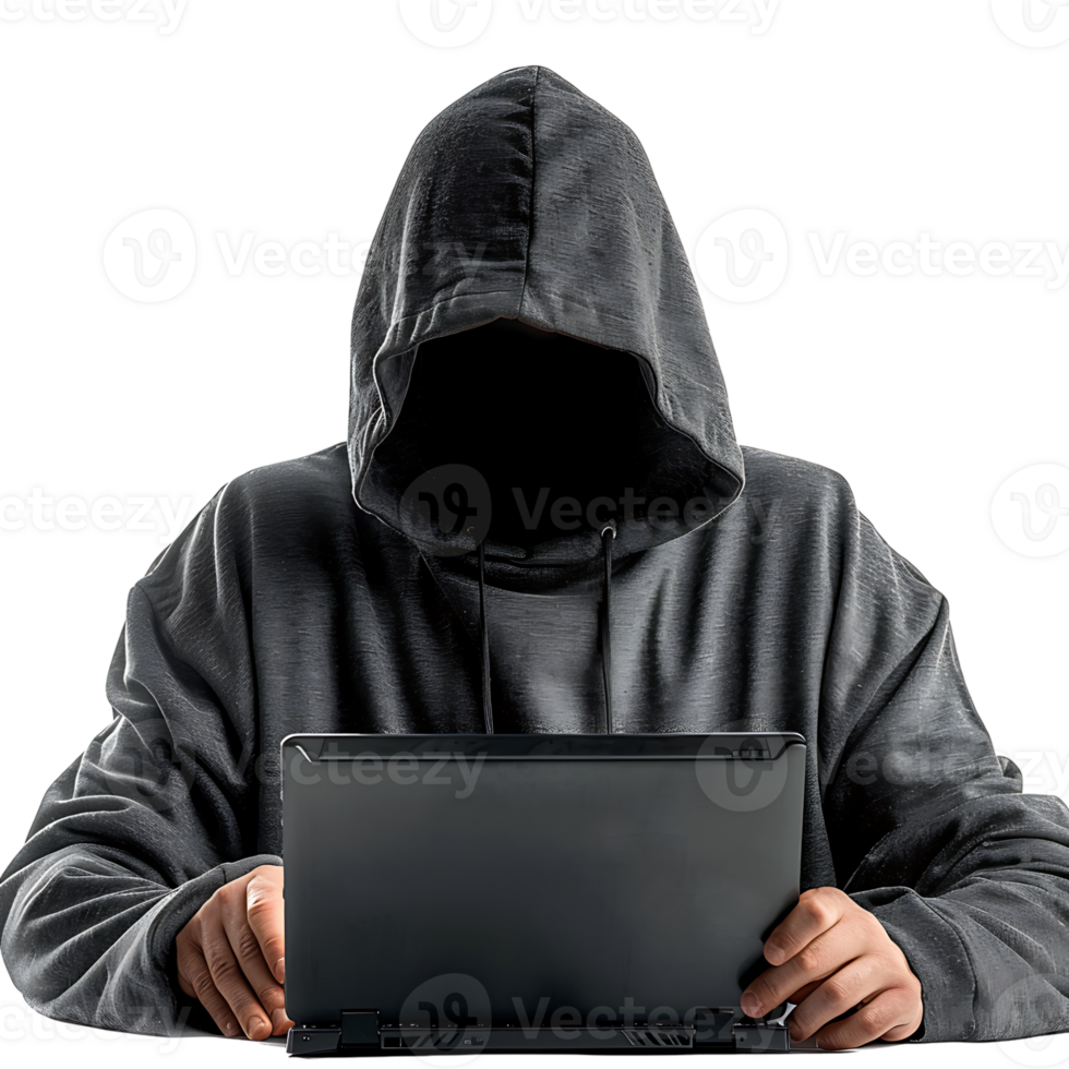 hacker of een Mens in capuchon gebruik makend van laptop Aan geïsoleerd transparant achtergrond png