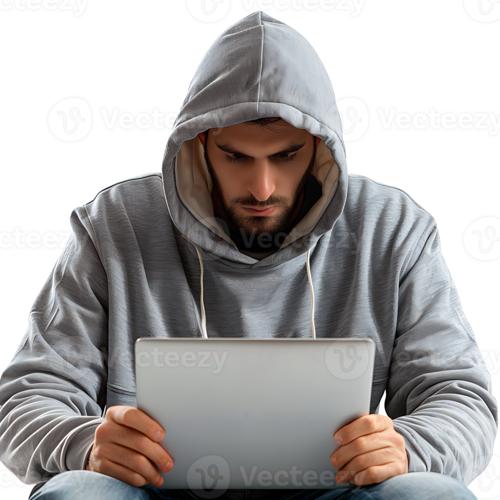 hacker of een Mens in capuchon gebruik makend van laptop Aan geïsoleerd transparant achtergrond png