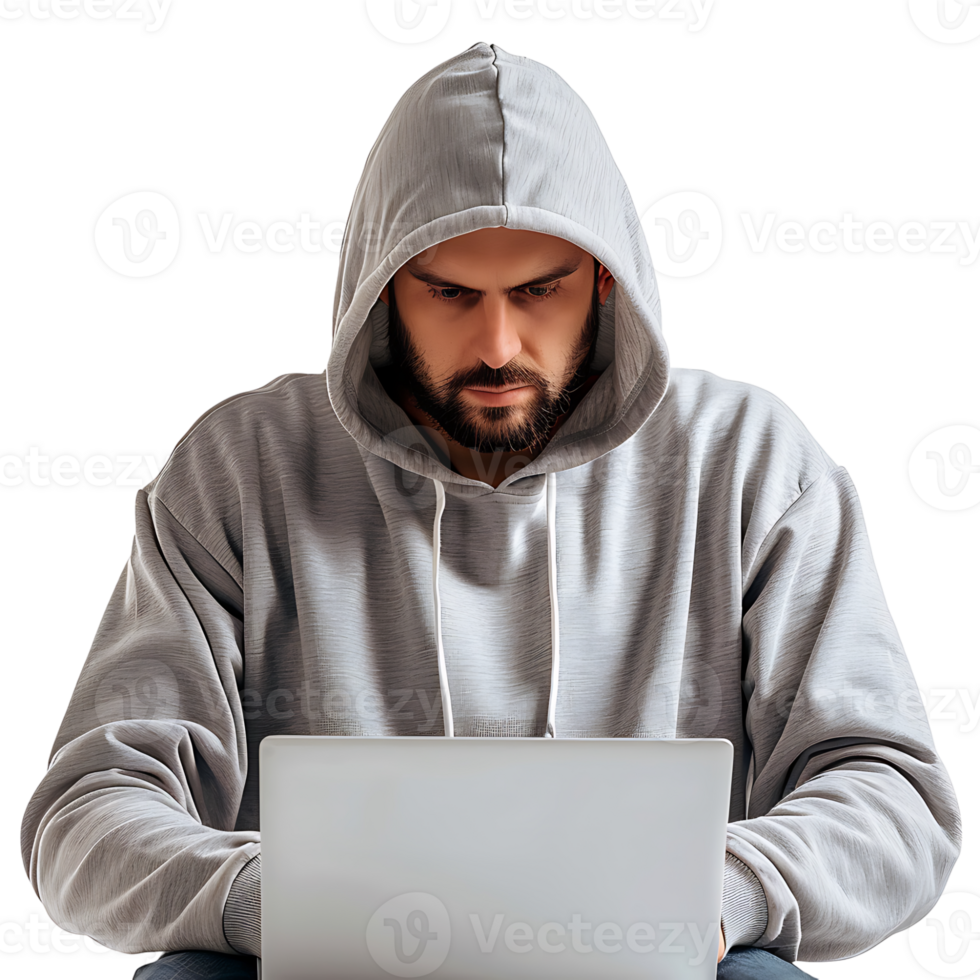 Hacker or a man in hoodie using laptop on isolated transparent background png