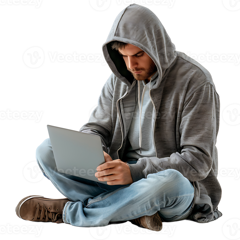 pirata o un' uomo nel felpa con cappuccio utilizzando il computer portatile su isolato trasparente sfondo png