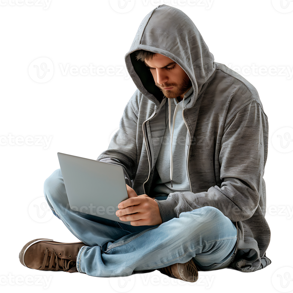 hacker of een Mens in capuchon gebruik makend van laptop Aan geïsoleerd transparant achtergrond png