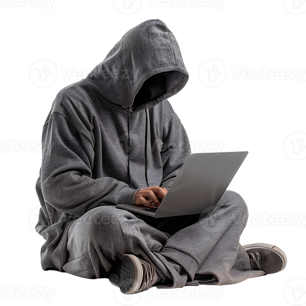 Hacker or a man in hoodie using laptop on isolated transparent background png