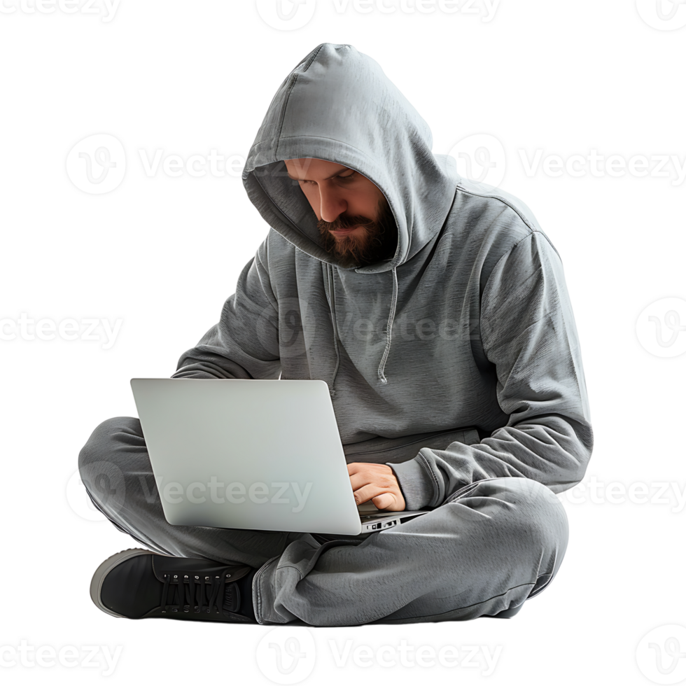 Hacker or a man in hoodie using laptop on isolated transparent background png