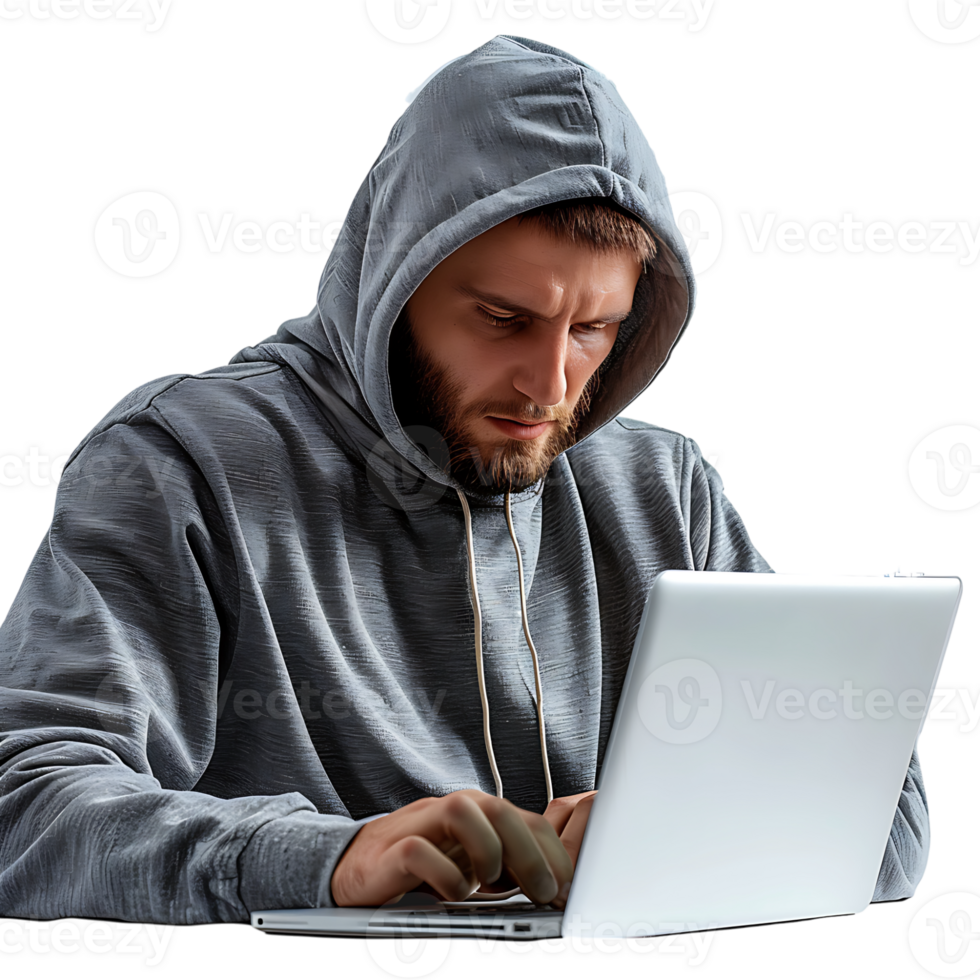 hacker of een Mens in capuchon gebruik makend van laptop Aan geïsoleerd transparant achtergrond png