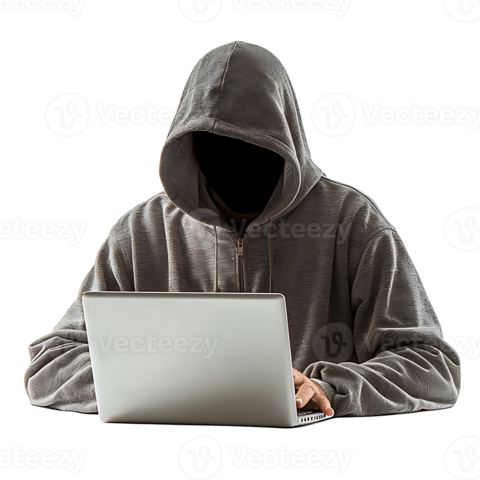 hacker ou uma homem dentro moletom com capuz usando computador portátil em isolado transparente fundo png