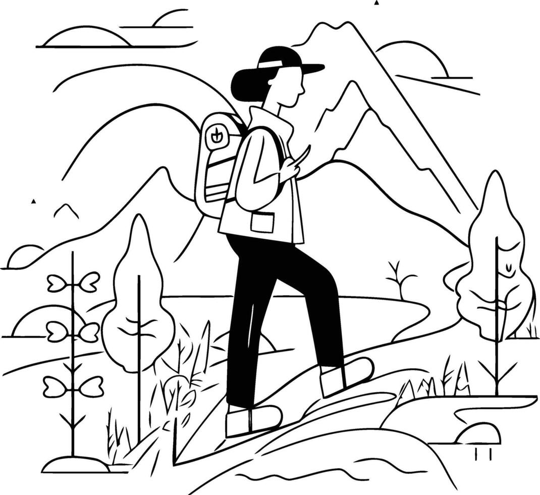 Hiking and trekking concept illustration. Cartoon flat design of man hiker hiking in mountains. vector