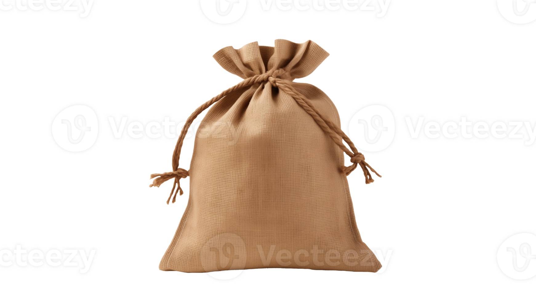 Tied burlap sack cut out. Isolated craft bag with money on transparent background png