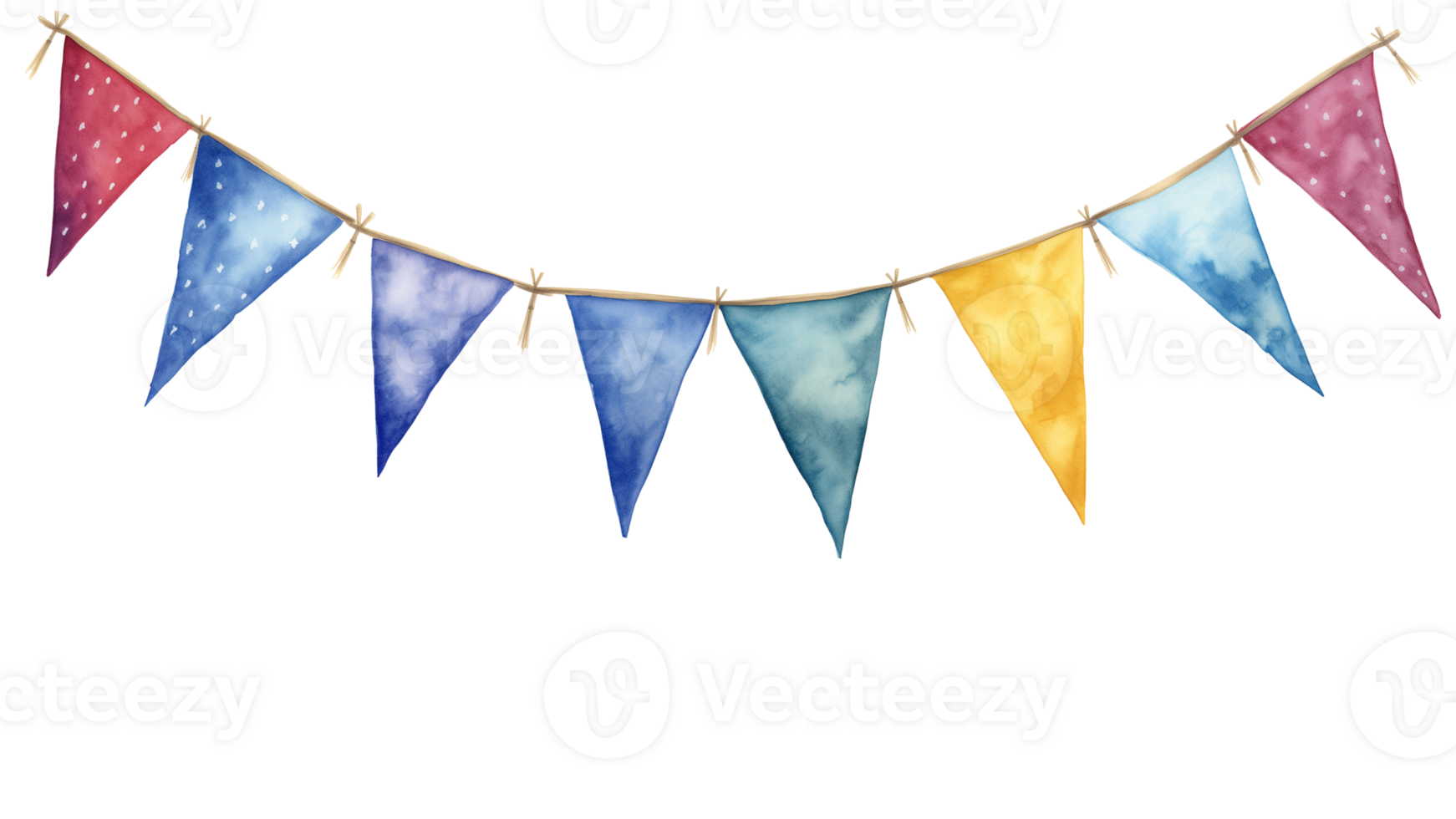 Hanging party flags in watercolor cut out. Colorful birthday flag on transparent background png