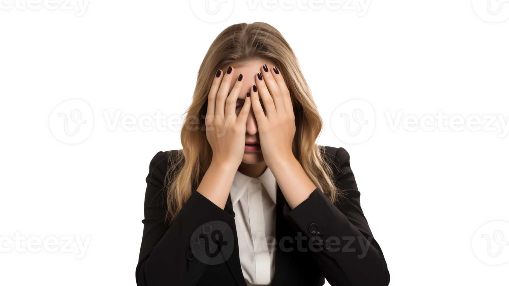 Young business woman covering eyes with hands on transparent background png