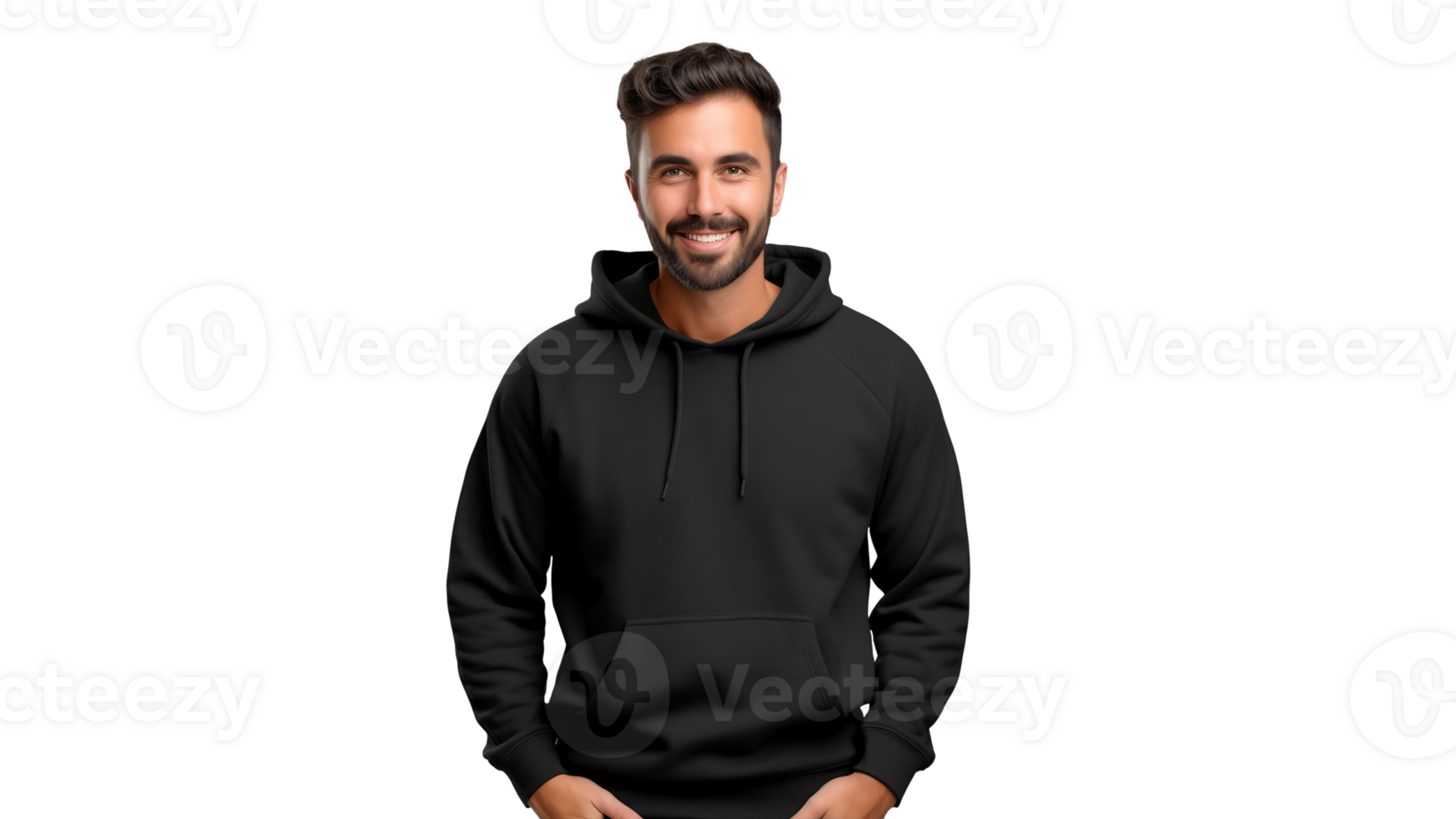 Man in black hoodie mockup cut out. Happy man in sweatshirt on transparent background png