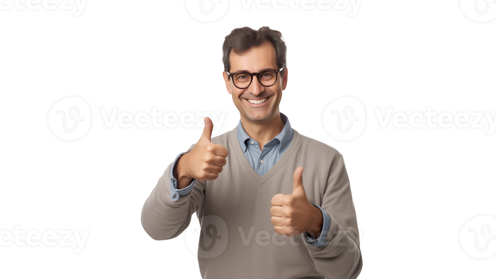Happy middle aged man showing thumb up cut out. Isolated smiling man expression agreement png