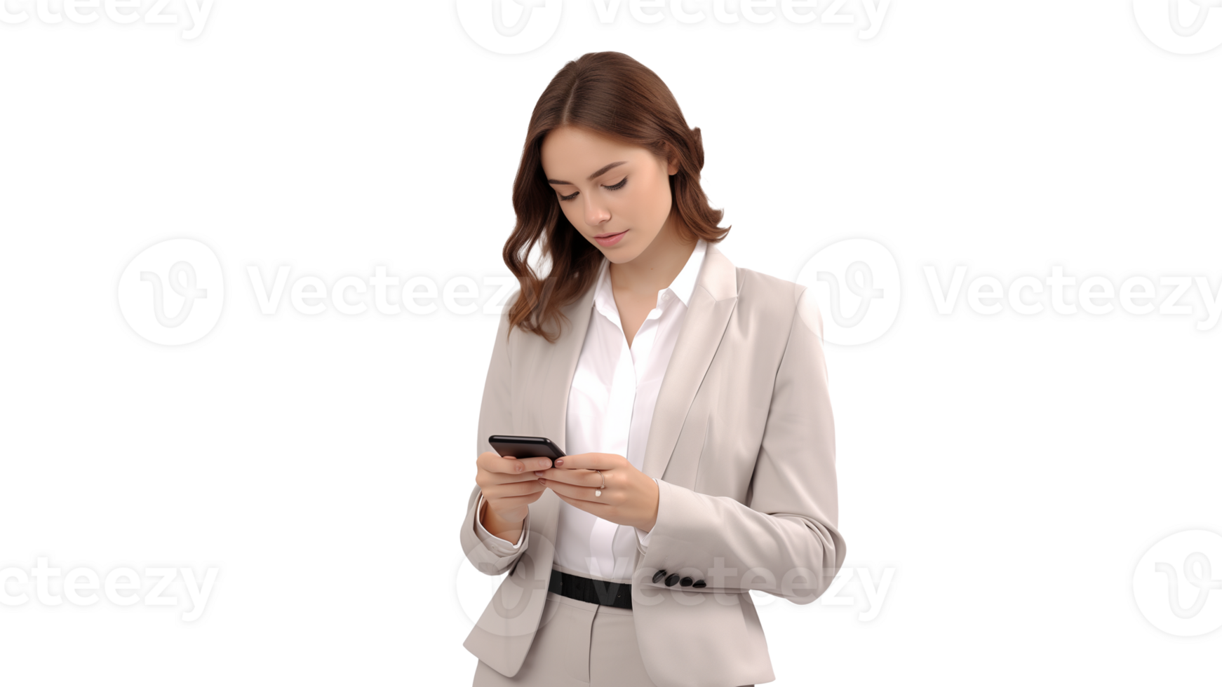 White business woman working on smartphone cut out png
