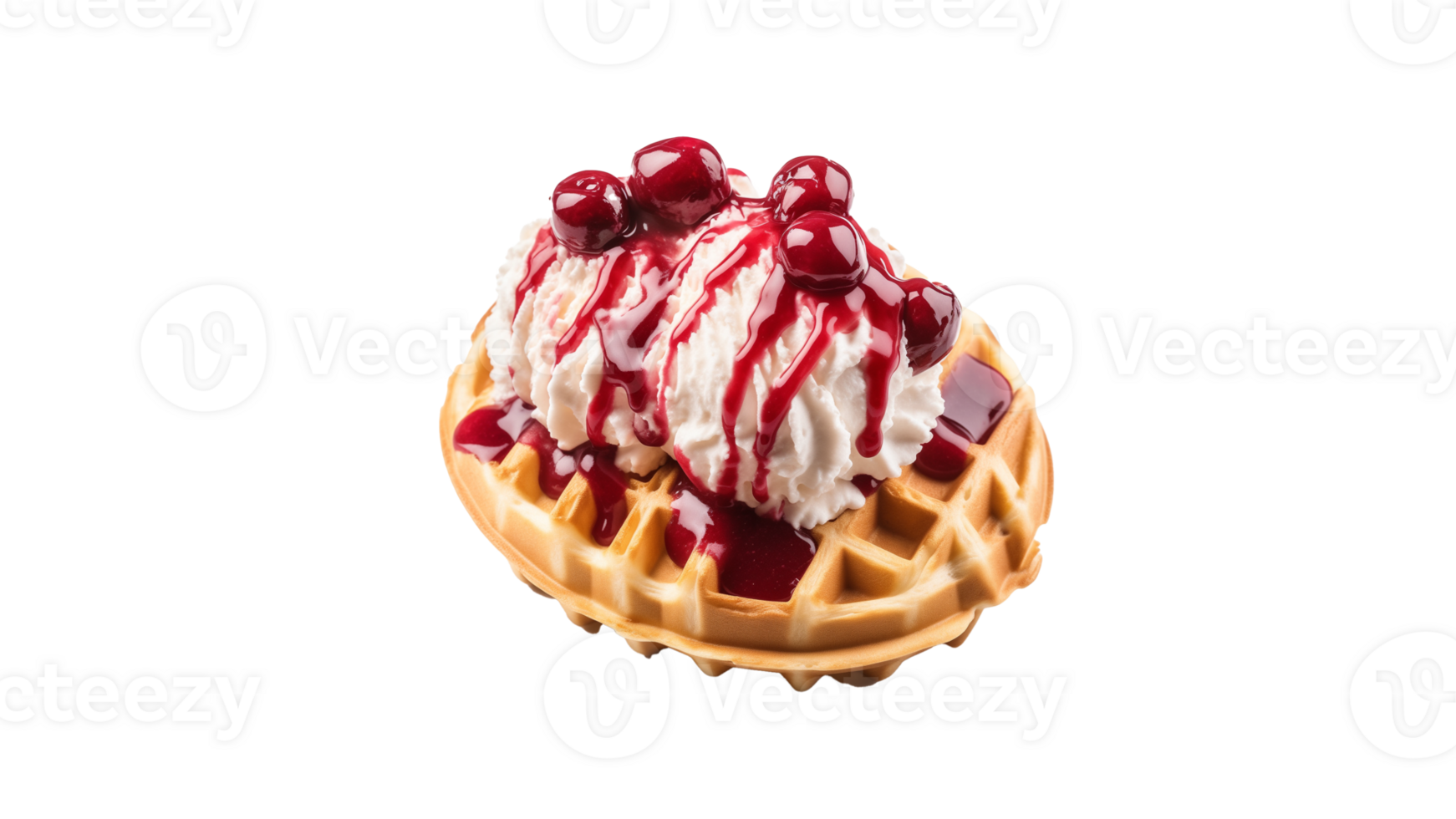 Waffle with ice cream cut out. Ice cream with cherry jam on waffle png