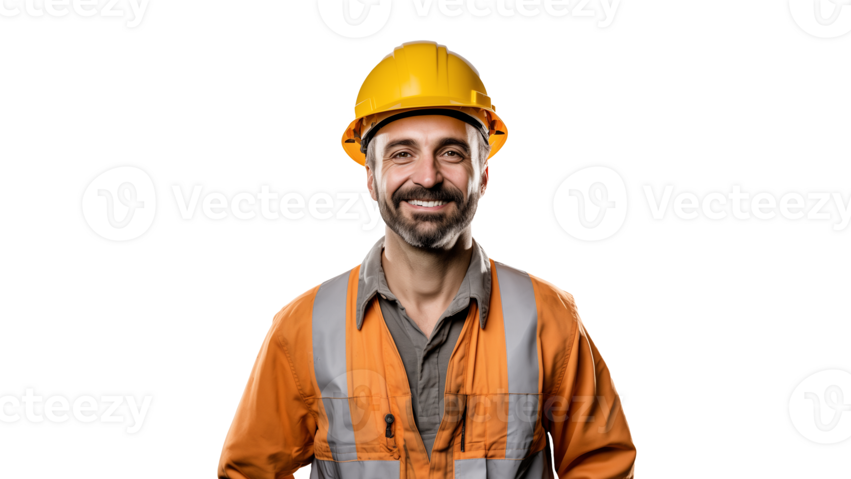 glücklich Baumeister Schnitt aus. lächelnd Baumeister Mann mit Orange ...