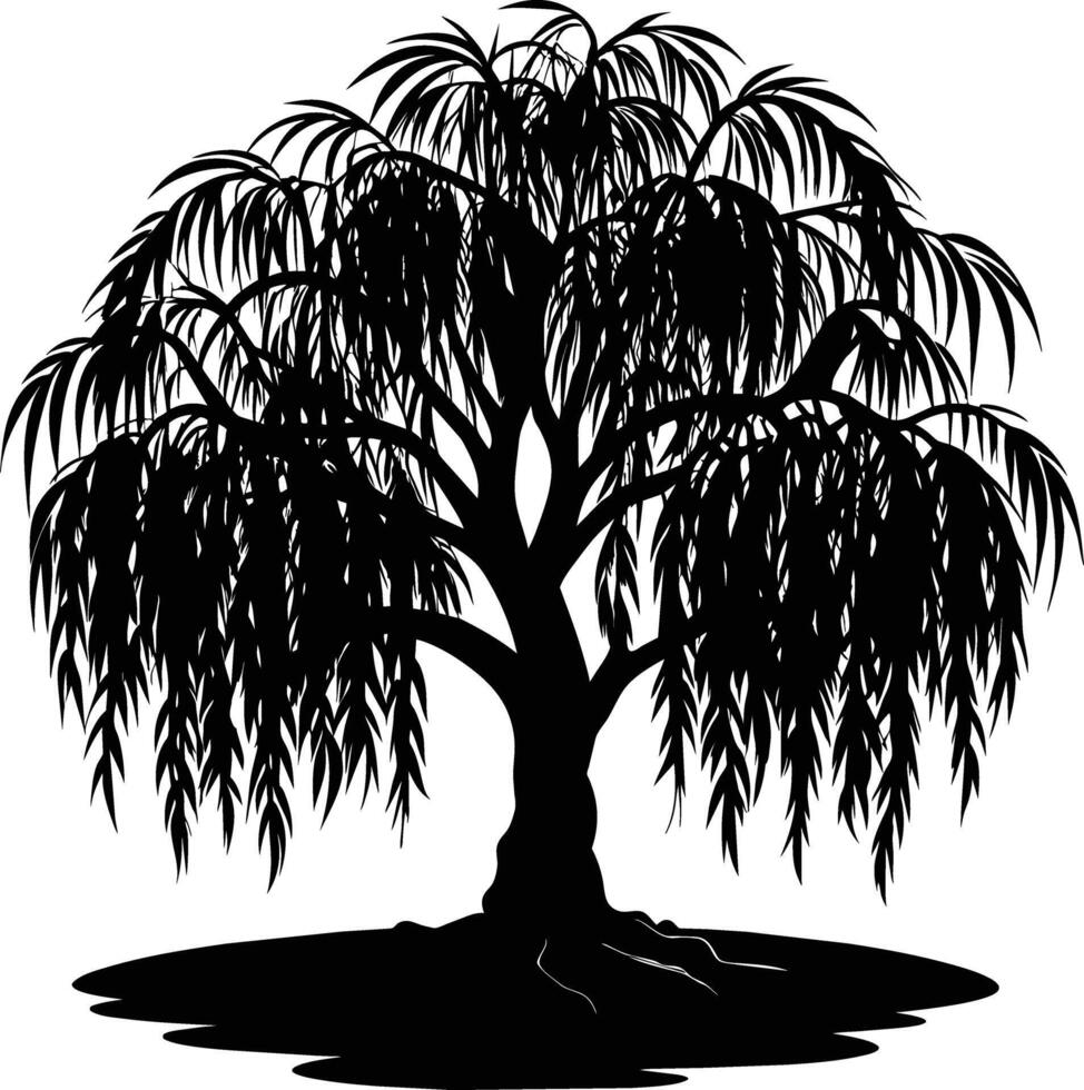 A black and white silhouette of a willow tree vector