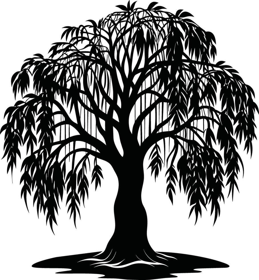 A black and white silhouette of a willow tree vector