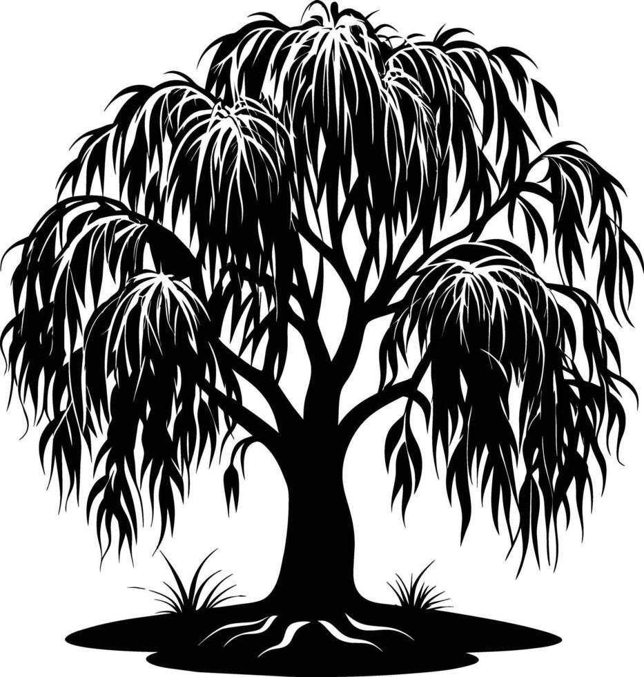 A black and white silhouette of a willow tree vector