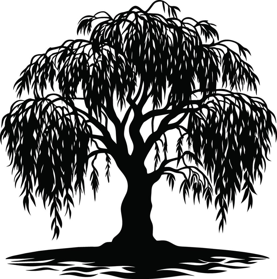 A black and white silhouette of a willow tree vector