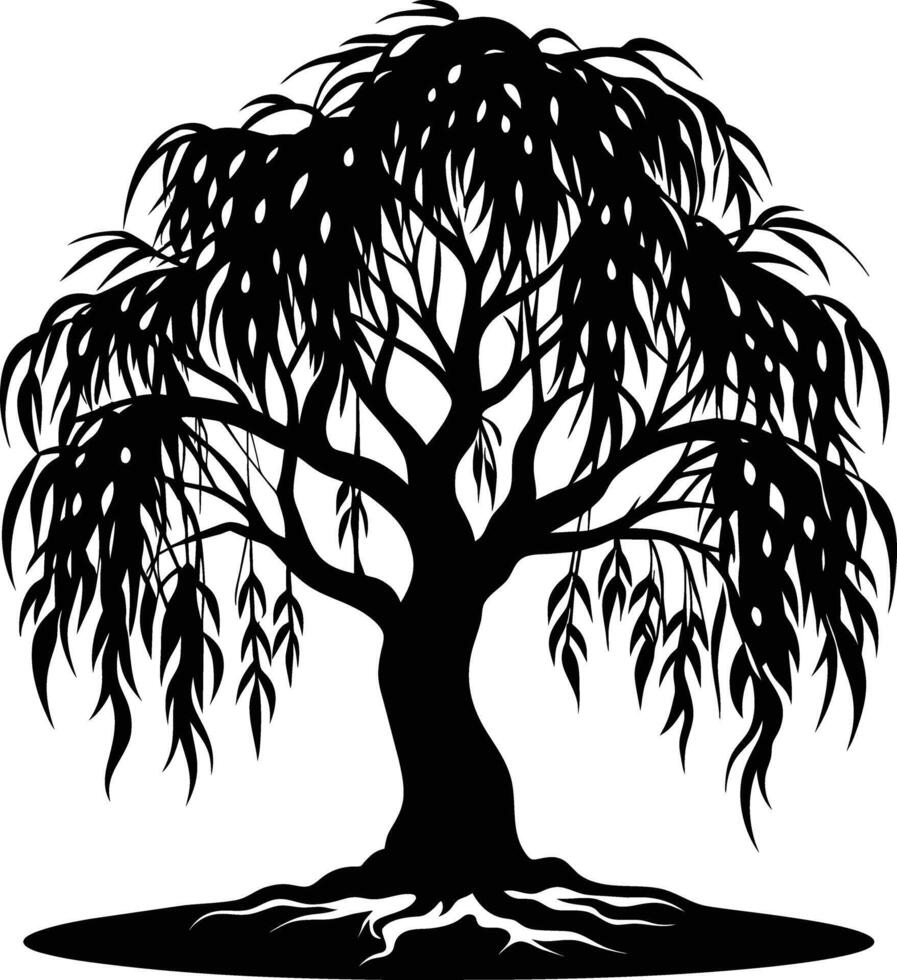 A black and white silhouette of a willow tree vector