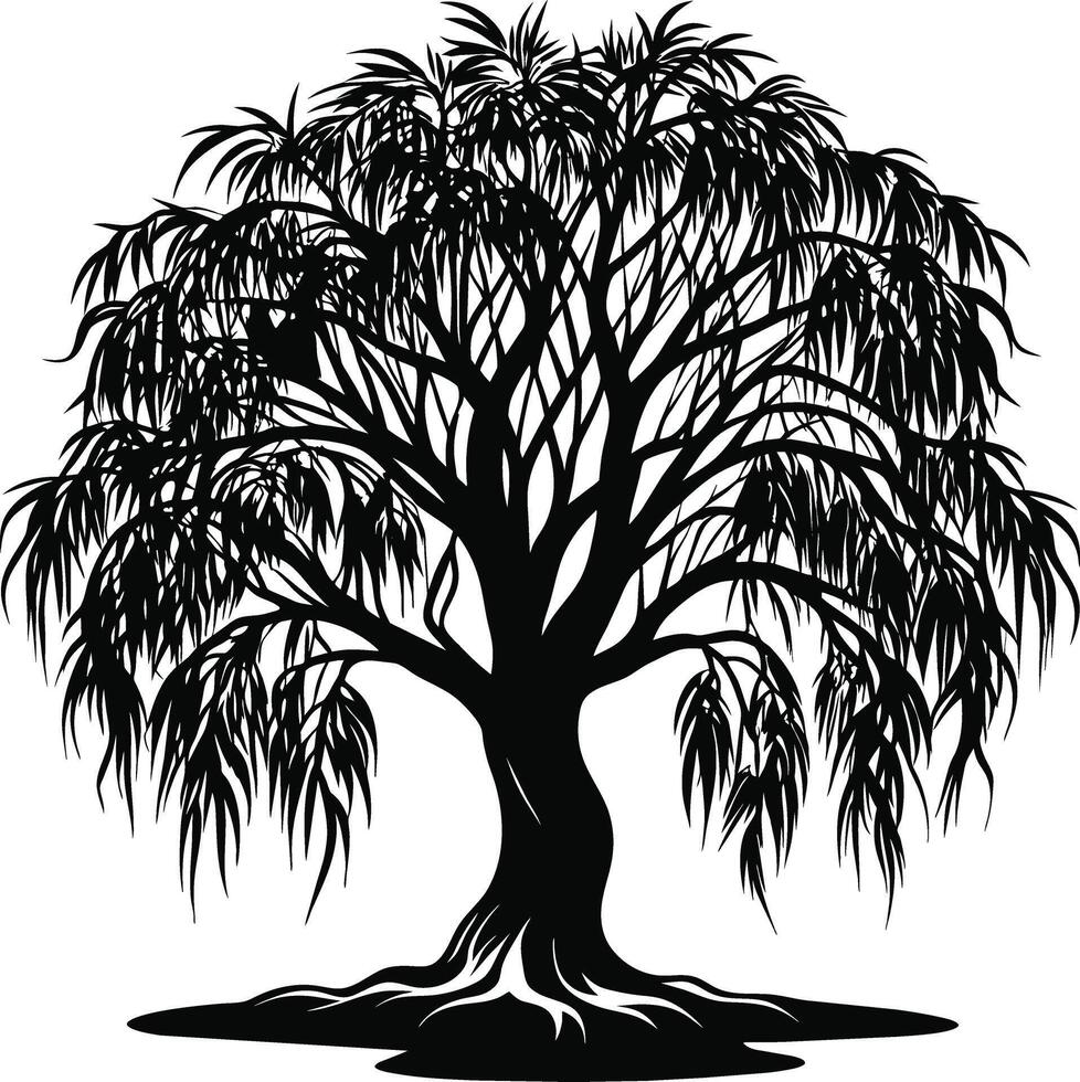 A black and white silhouette of a willow tree vector