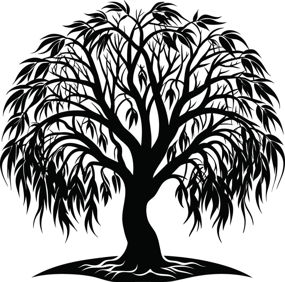 A black and white silhouette of a willow tree vector