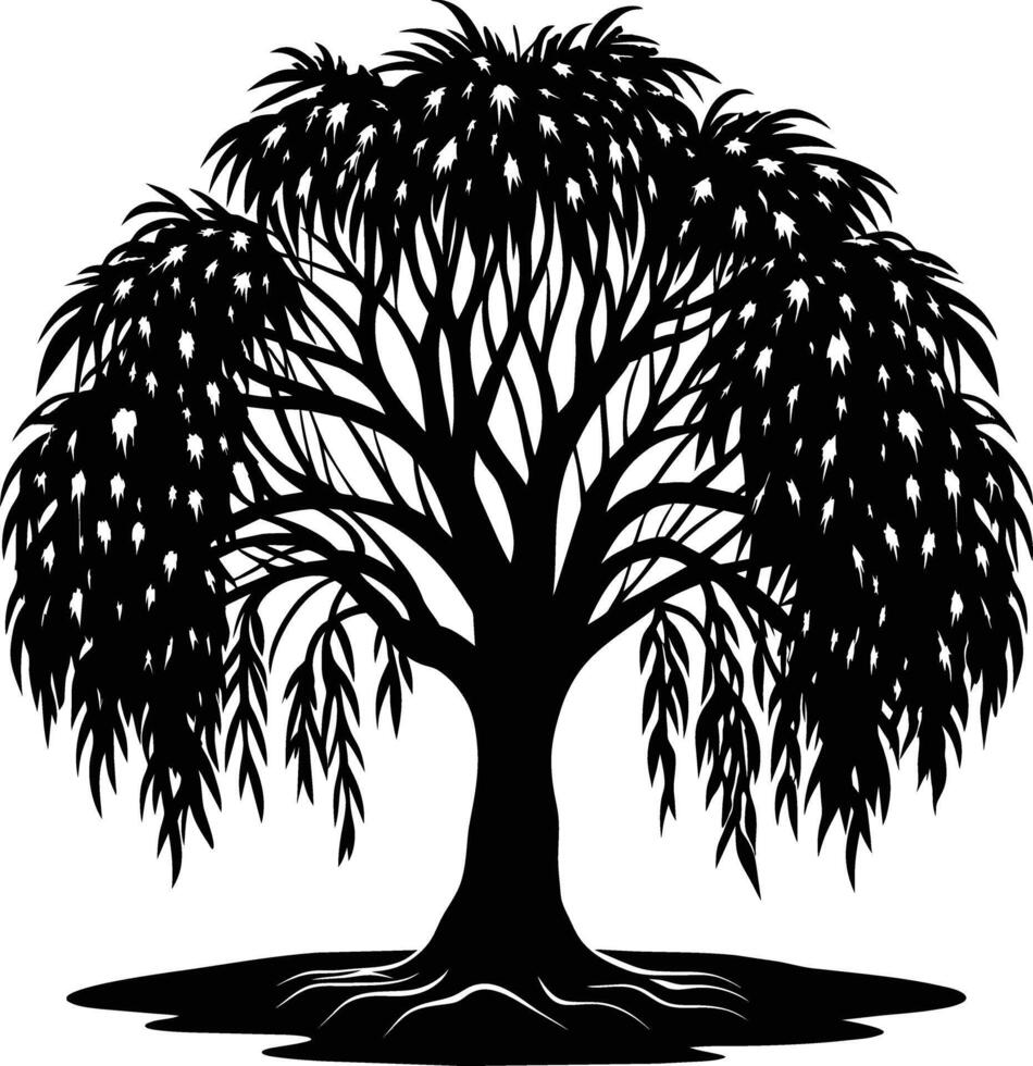 A black and white silhouette of a willow tree vector